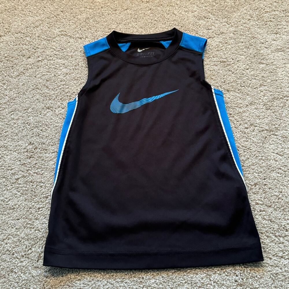 Nike Dri-Fit Boys Sleeveless Stay Dry Tank Top Size 5 Black Blue Swoosh